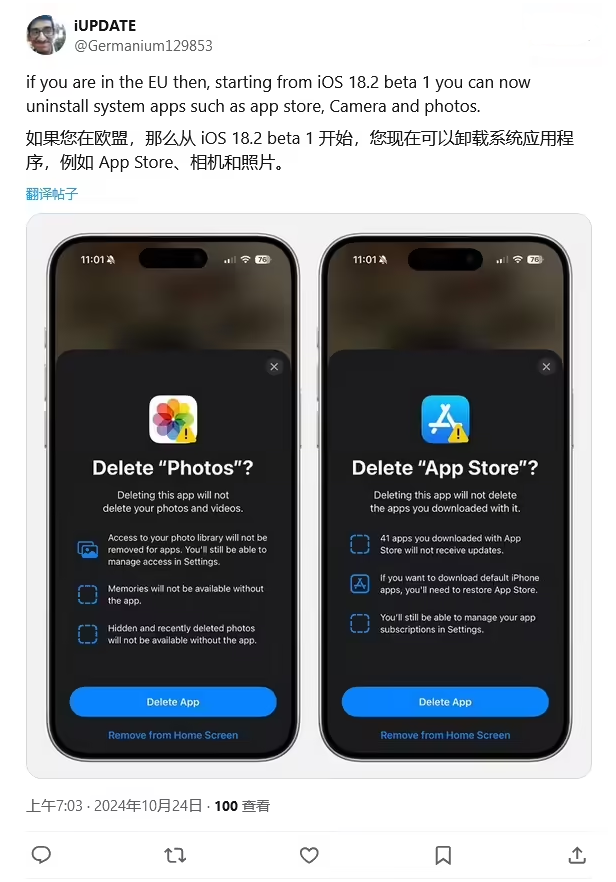 邵东苹果手机维修分享iOS 18.2 支持删除 App Store 应用商店 