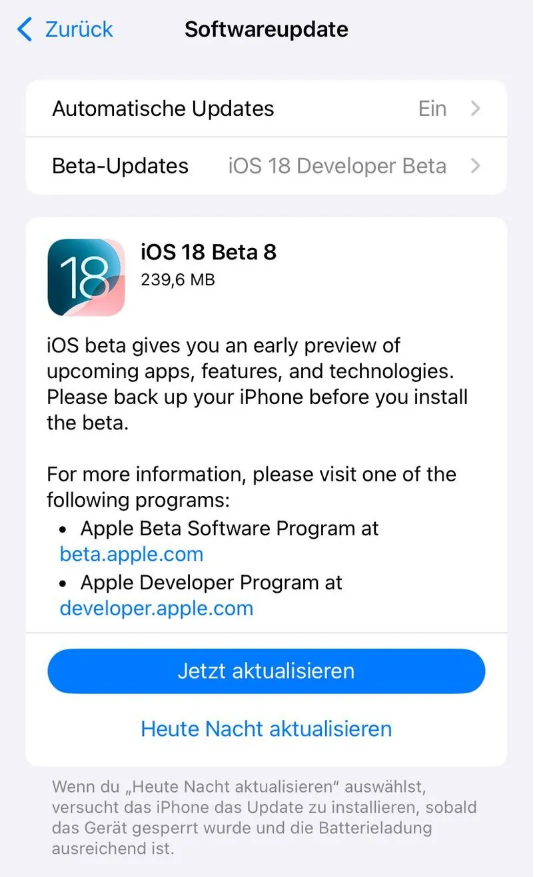 邵东苹果手机维修分享苹果 iOS / iPadOS 18 开发者预览版 Beta 8 发布 